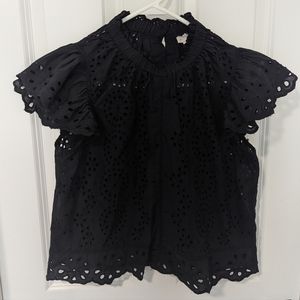 jennifer & grace High Neck Floral Crochet Button Up Back Blouse